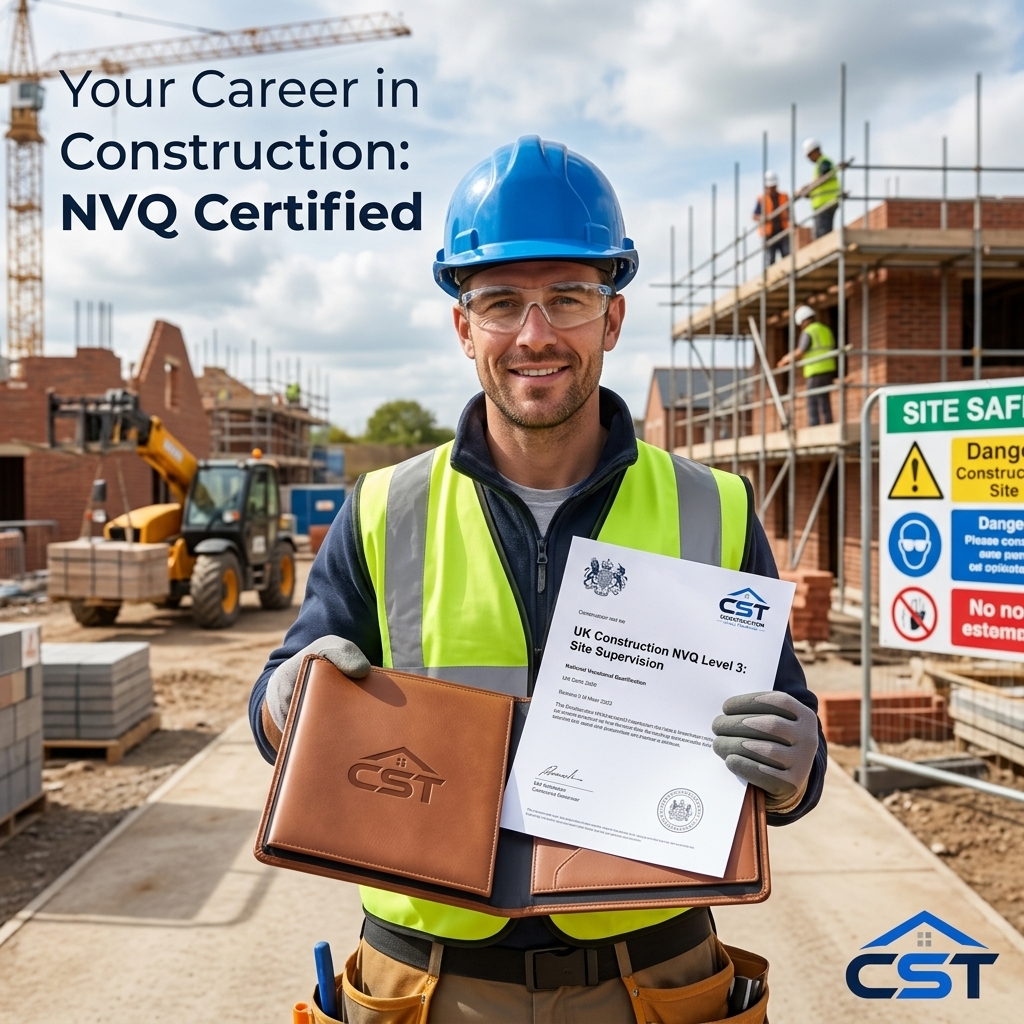 Worker showing NVQ qualification certificate on site